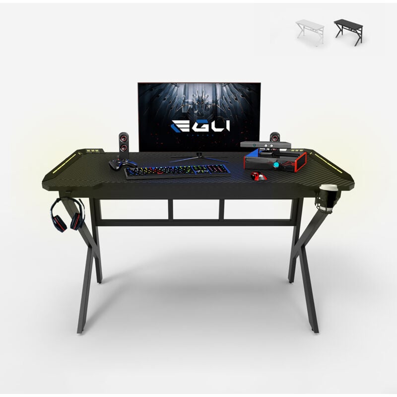 

Egli - Mesa gamer LED de carbono con soporte para auriculares y bebidas 120x60 Sportbot LED 120 | Color: Negro