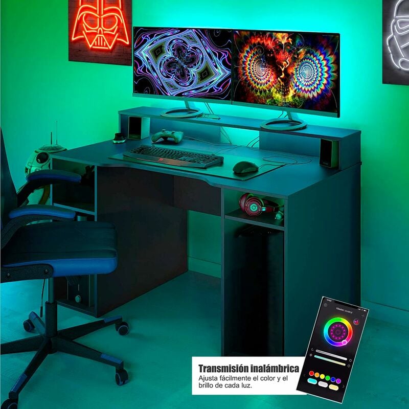 

Mesa Gamers escritorio mueble oficina o gaming, ancho 153,5cm grafito con leds