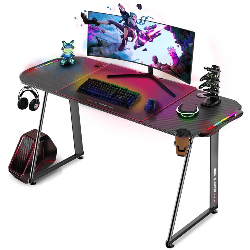 

Mc Haus - Mesa gaming desk, escritorio gamer ergonómico con luces LED, computadora o consola de videojuegos, diseño moderno, mesa de PC con