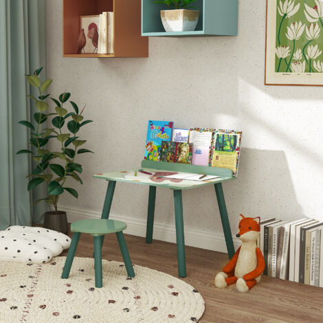 Mesa Infantil con Silla y Estante para Libros Escritorio para Niños de +3 Años para Sala de Juegos Verde