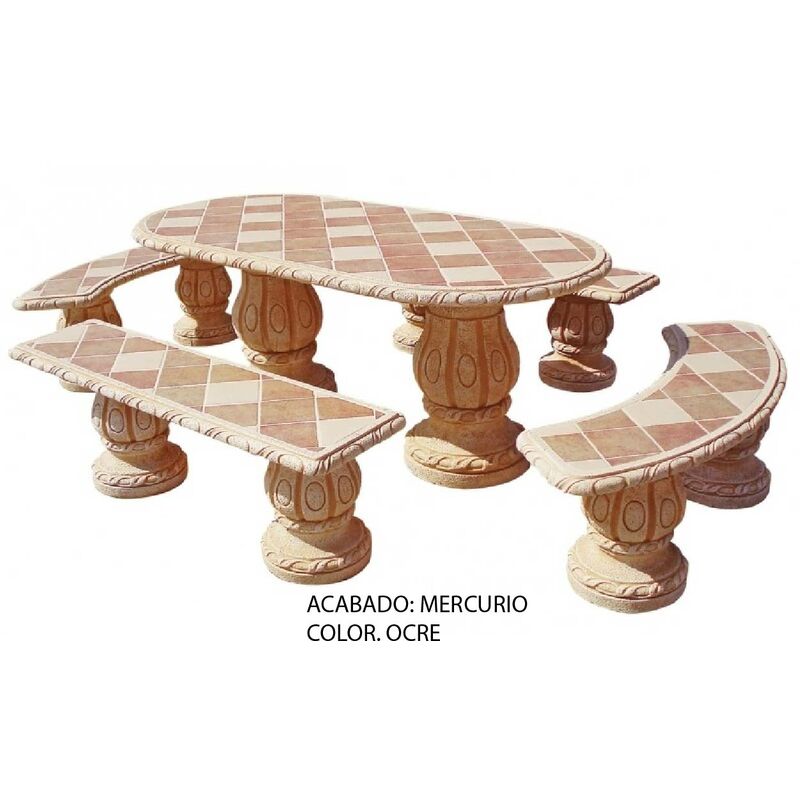 

Mesa jardín oval Higuera con 4 bancos 194x93x74cm. Acabado: Mercurio, color: Ocre. Bancos sin respaldo.