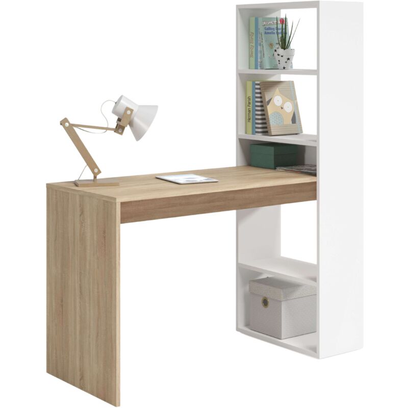 

Velocimuebles - Escritorio juvenil Duplo con estantería color blanco y roble mesa estilo moderna mueble 144x120x53cm