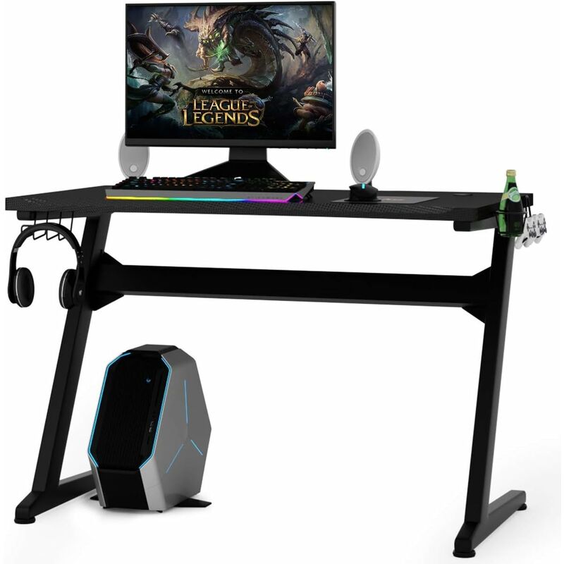 

Costway - Mesa para Gaming Escritorio para Juegos Computadora Gamer con Alfombrilla para Ratón 2 Ganchos,Portavasos y Soporte para Auriculares