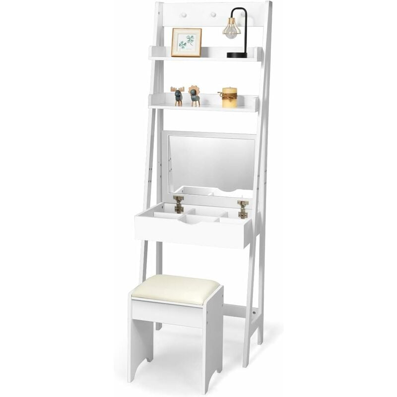 

Tocador con Espejo Plegable Taburete y Estantes Mesa de Maquillaje Escritorio para Habitación Dormitorio Color Blanco