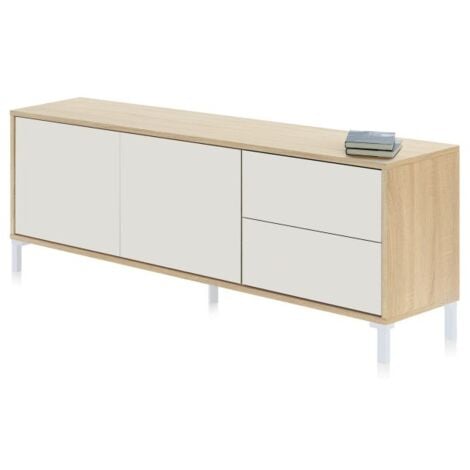 LOUNGITUDE Mesa para TV Brooklyn color roble Canadian y Blanco Artik salón comedor estilo nórdico mueble 47x130x41 cm