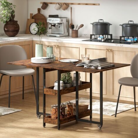 Mesa plegable 133,4x80x75cm para 2 a 4 personas con 2 estantes abiertos, madera marrón