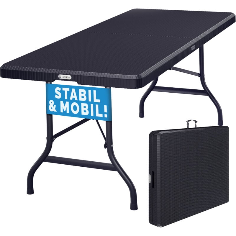 

Deuba Mesa plegable de plástico con aspecto polirátan negro 180 x 75 cm se convierte en maletín jardín eventos terraza