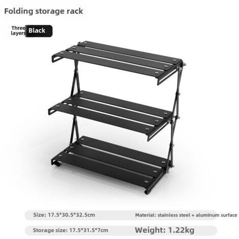 Mesa plegable de camping de 3 niveles, estructura de aluminio negro, construcción de madera mixta, portátil y robusta.