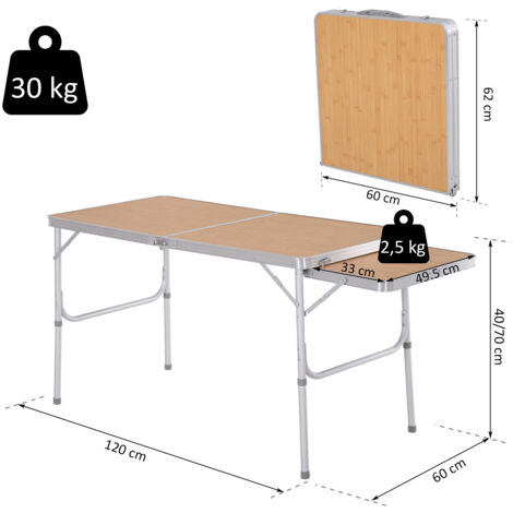 Mesa Plegable de Camping Portátil con Ala Abatible Mesa de Picnic de Estructura Ligera de Aluminio Carga 30kg Altura Ajustable 153x60x39/71 cm