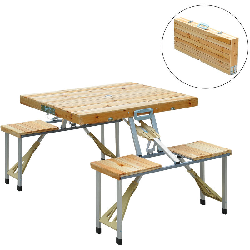 

Mesa Plegable de Madera Camping Playa Picnic 4 Asientos y agujero para Sombrilla - Madera