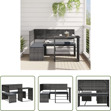 Mesa plegable -  Sofá de jardín en forma de L con mesa y cojines ratán PE gris