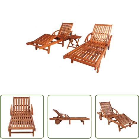 Mesa plegable -  Tumbonas 2 unidades y mesita madera maciza de acacia