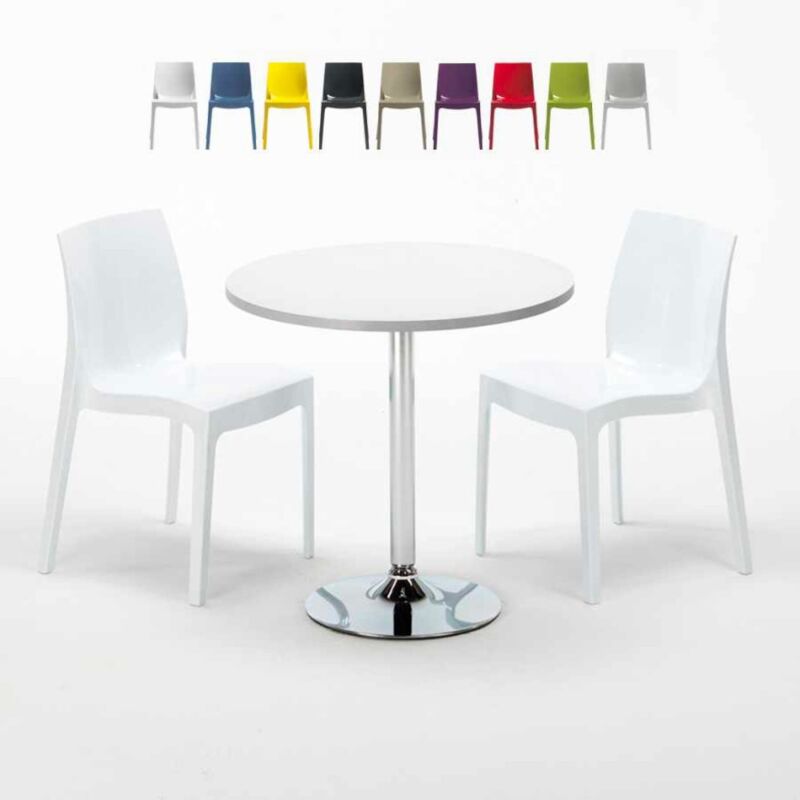 

Grand Soleil - Mesa Redonda Blanca 70x70 cm con Base de Acero y 2 Sillas De Colores Ice Long Island | Color: Blanco