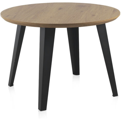 Mesa Redonda De Melamina Efecto Madera 110 Cm Diam Con Patas De Metal