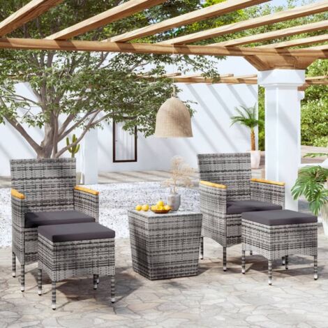 Mesa sillas jardín 5 pzas ratán sintético vidrio templado gris vidaXL