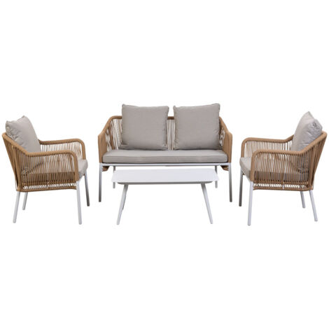 Mesa, sofa y 2 sillones beige, 110x65x45,72x79x76, 146x79x76