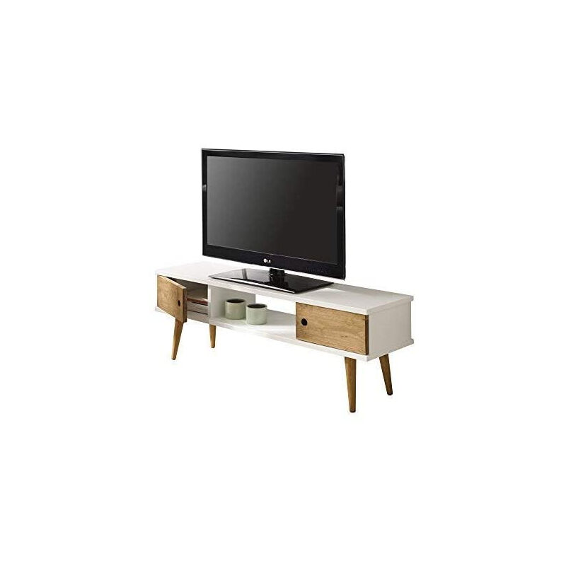 

Mesa television diseño vintage, 2 puertas y estante, color blanco combinado con madera natural. Medidas 110 cm x 40 cm x 30 cm
