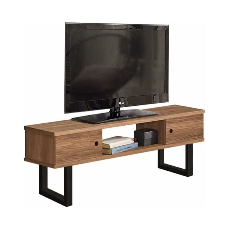 

Mesa television, Mueble TV Salon Diseño Industrial-Vintage, 2 Puertas y Estante, Madera Maciza Natural, Patas Metalicas.