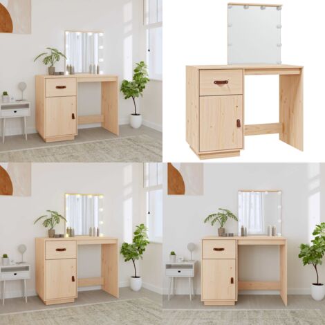 Mesa tocador con LED madera maciza de pino 95x50x133,5 cm - Espejo con luz LED - Tocador de madera