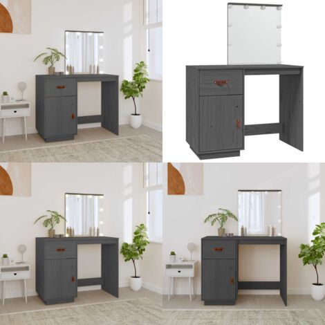 Mesa tocador con LED madera maciza de pino gris 95x50x133,5 cm - Espejo de tocador - Luz led