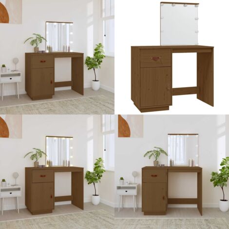 Mesa tocador LED madera maciza pino marrón miel 95x50x133,5 cm - Espejo LED - Tocador de madera