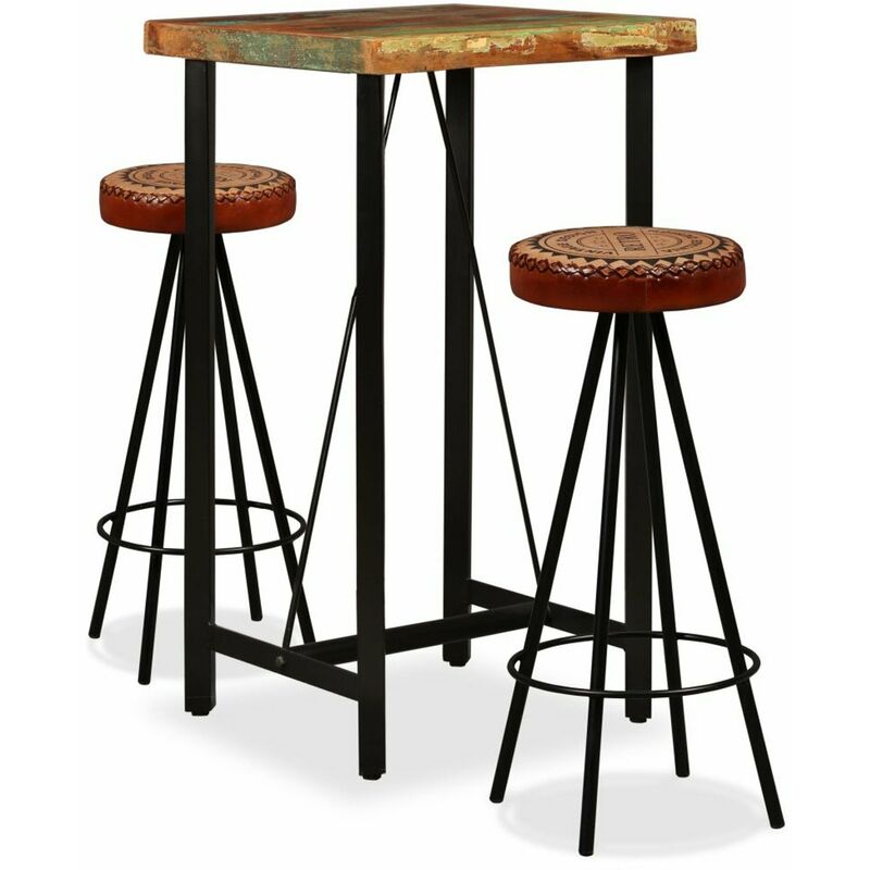 

Mesa y 2 taburetes bar madera maciza reciclada cuero real lona