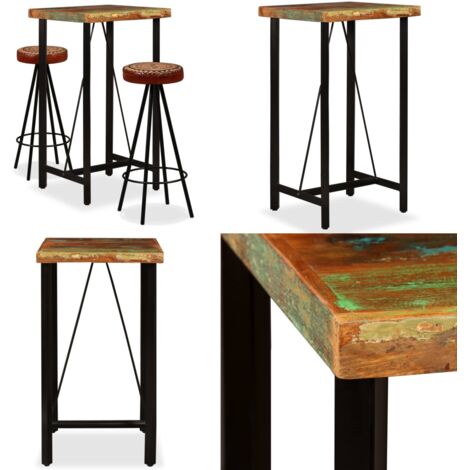 Mesa y 2 taburetes bar madera maciza reciclada cuero real lona - Taburetes de bar - Madera reciclada