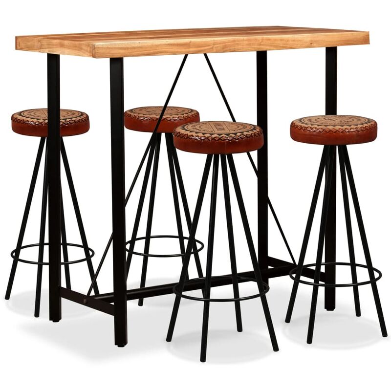 

Mesa y 4 taburetes bar madera maciza acacia cuero real y lona - Marrón