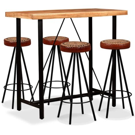 Mesa y 4 taburetes bar madera maciza acacia cuero real y lona