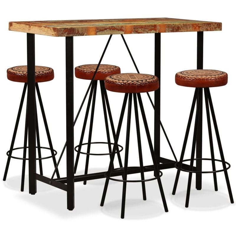 

Mesa y 4 taburetes bar madera maciza reciclada cuero real lona - Marrón