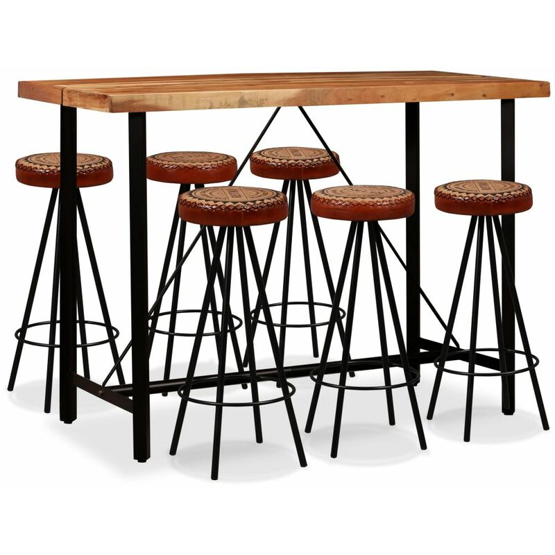 

Mesa y 6 taburetes bar madera maciza acacia cuero real y lona