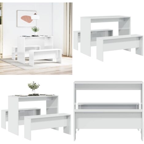 Mesa y bancos de comedor 3 pzas madera ingeniería blanco brillo - Madera de ingeniería - Comedor de madera