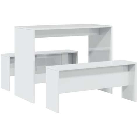 Mesa y bancos de comedor 3 pzas madera ingeniería blanco brillo vidaXL