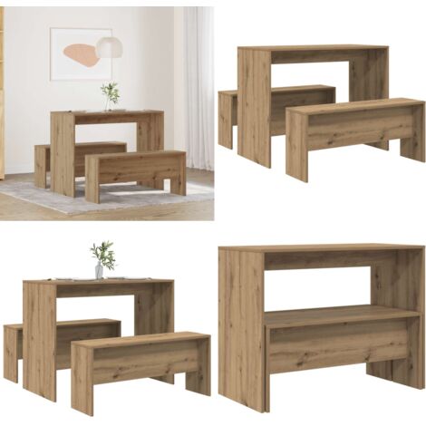 Mesa y bancos de comedor 3 pzas madera ingeniería roble atisian - Madera de ingeniería - Comedor de madera