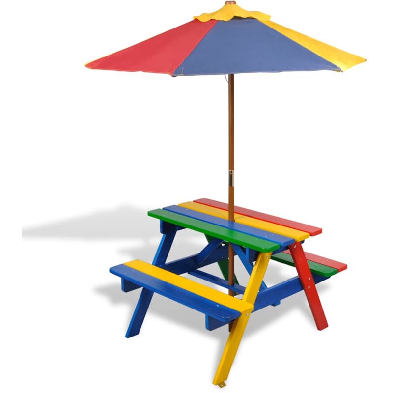 

vidaXL Mesa de picnic y bancos de niños y sombrilla madera multicolor - Multicolor