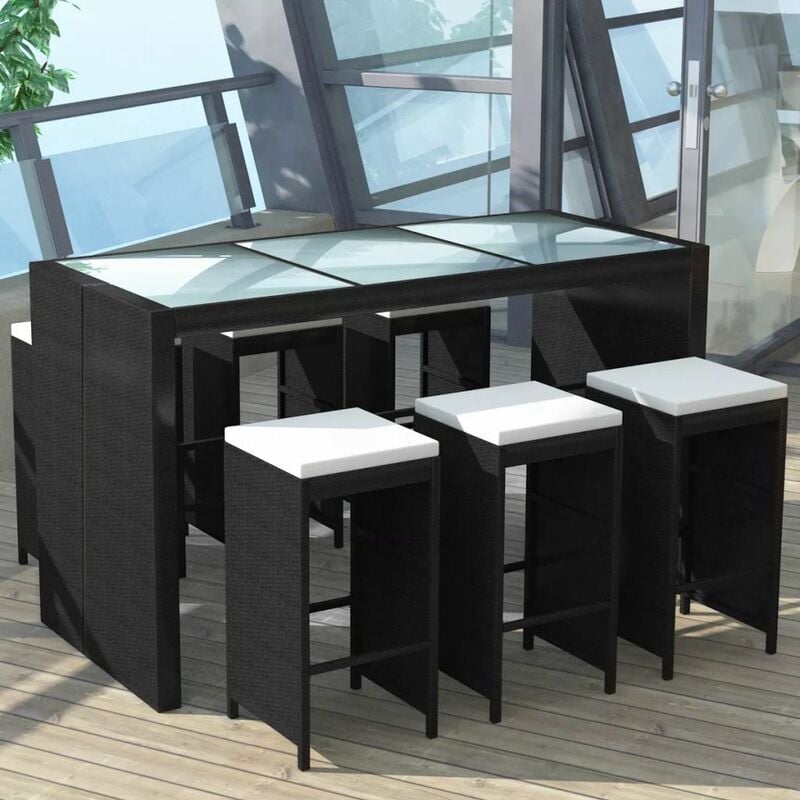 

Mesa y sillas bar de jardín 7 pzas y cojines poli ratán negro