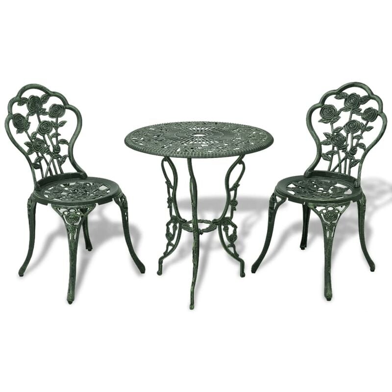 

Mesa y sillas bistró de jardín 3 piezas aluminio fundido verde
