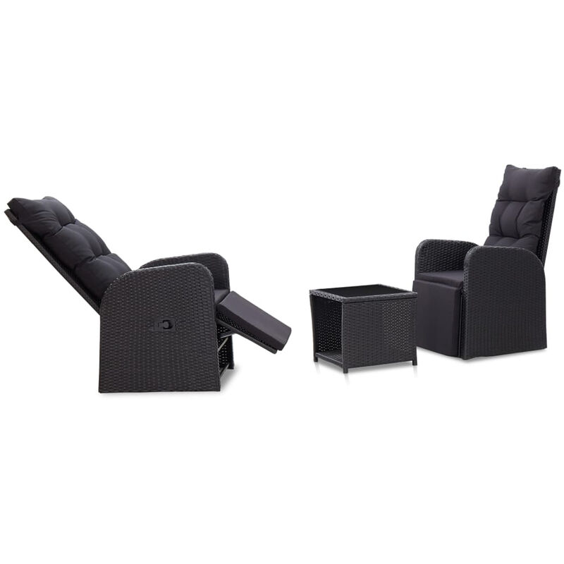 

Happyshopping - Mesa y sillas bistro de jardin 3 pzs y cojines poli ratan negro