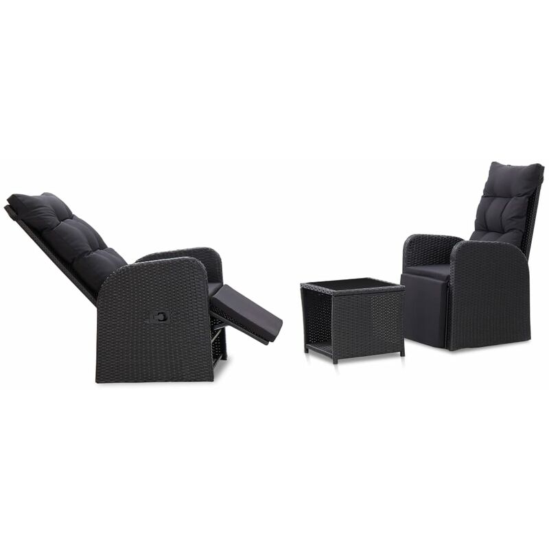 

vidaXL Mesa y sillas bistró de jardín 3 pzs y cojines poli ratán negro - Negro