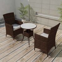 Mesa y sillas bistró jardín 3 pzas y cojines poli ratán marrón