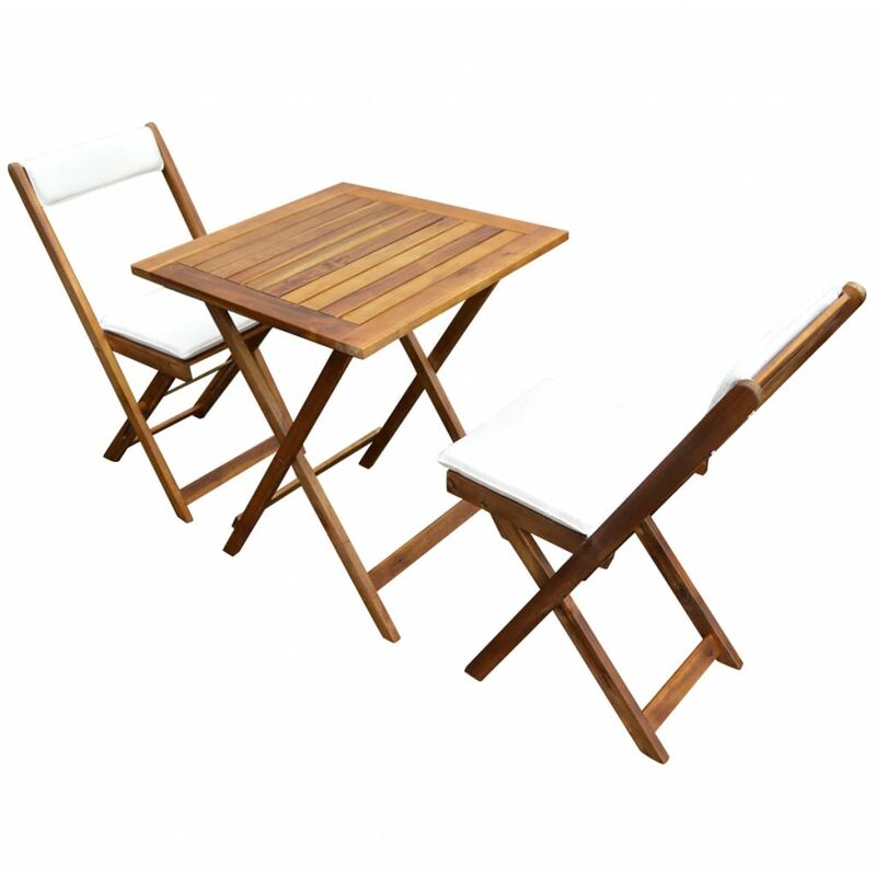 

Mesa y sillas bistro plegables 3 pzas y cojines madera maciza