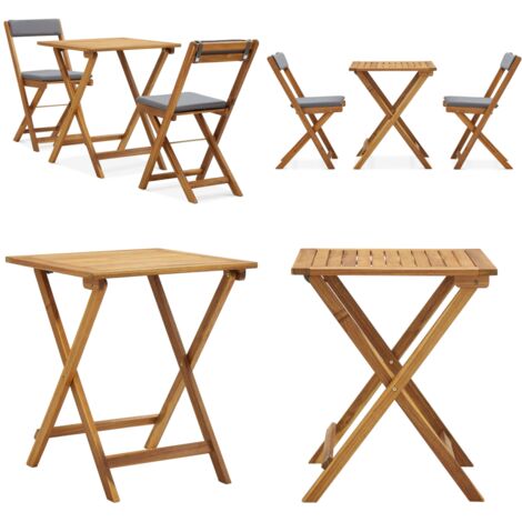 Mesa y sillas bistró plegables 3 pzas y cojines madera maciza - Muebles de jardín - Sillas plegables