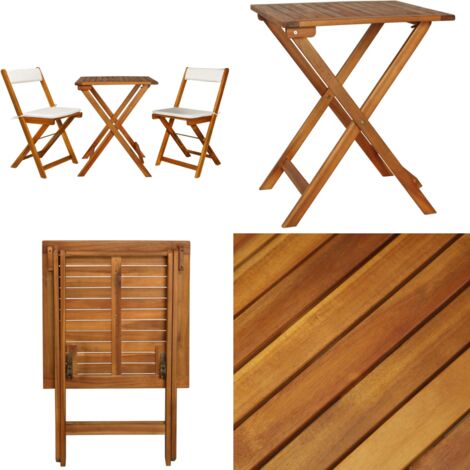 Mesa y sillas bistró plegables 3 pzas y cojines madera maciza - Muebles de jardín - Sillas plegables
