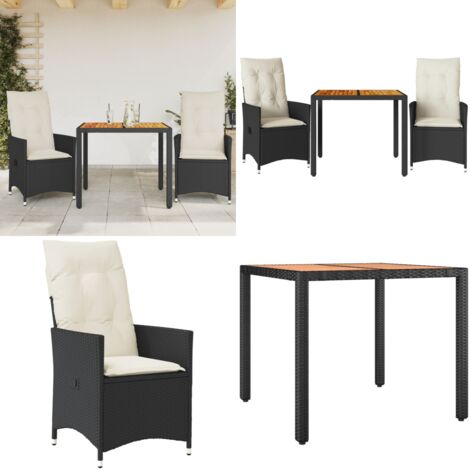 Mesa y sillas con cojines 3 pzas ratán sintético y acacia negro - Sillas reclinables - Cojines para sillas
