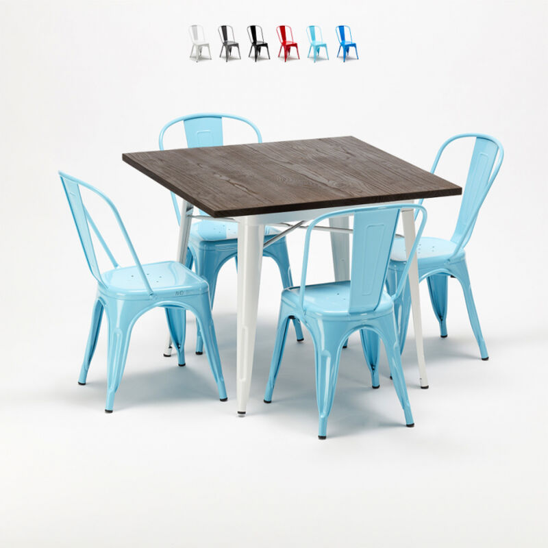 

Mesa y sillas cuadradas en metal madera Tolix estilo industrial Midtown | Color: Azul