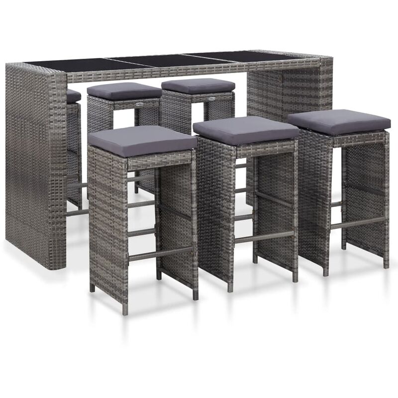 

Mesa y sillas de bar jardín 7 pzas cojines ratán sintético gris