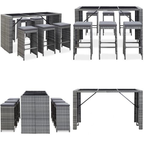Mesa y sillas de bar jardín 7 pzas cojines ratán sintético gris - Sillas de bar - Bar de jardín