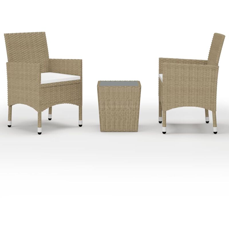 

Mesa y sillas de jardín 3 pzas ratán PE y vidrio templado beige