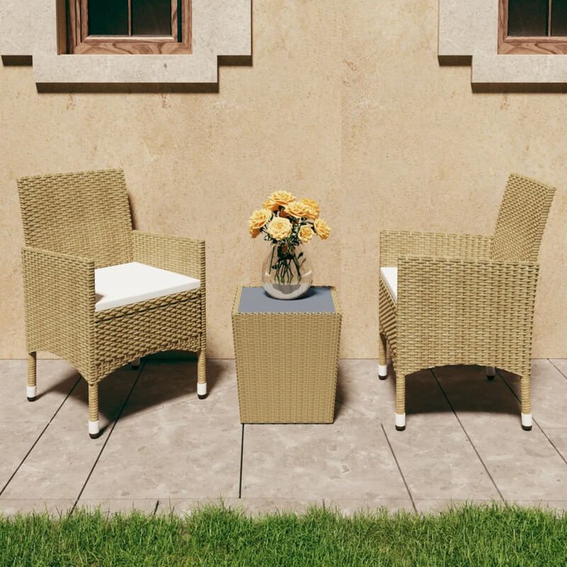 

Mesa y sillas de jardin 3 pzas ratan PE y vidrio templado beige