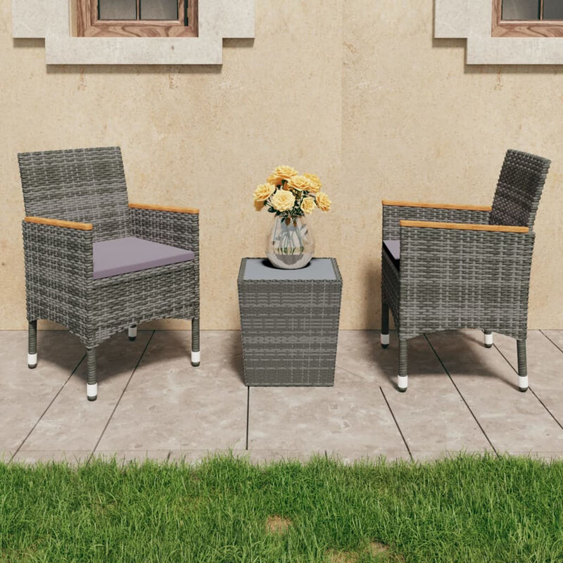 

Mesa y sillas de jardin 3 pzas ratan PE y vidrio templado gris